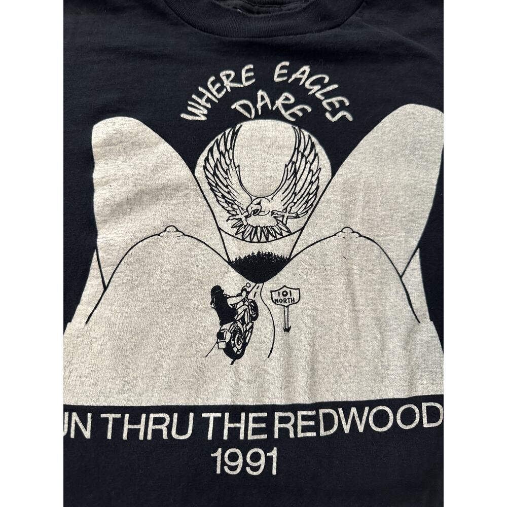 1991 Vintage Run Redwoods California Motorcycle Rally Single Stitch T-Shirt XXL - Picture 2 of 6